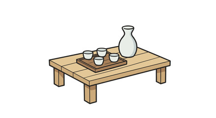 Wooden table with tea set consisting of pitcher and cups