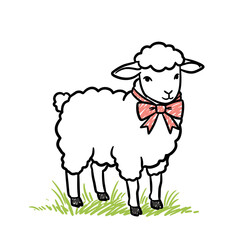 Cute sheep with pink bow standing on green grass