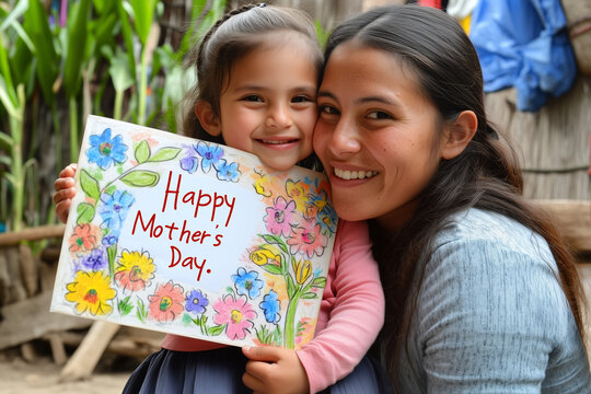 A young girl and her mother sit together, holding a colorful handmade Mother's Day card decorated with flowers and the words "Happy Mother's Day."