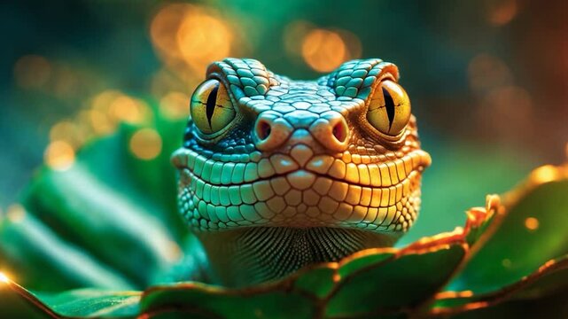 Lizard Head Closeup of Londok Calotes Among Green Foliage