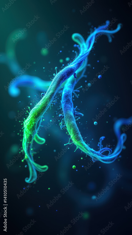 Poster molecular rendering of glp-1 with blue and green tones signifying biological activity.