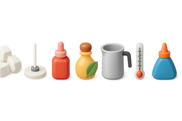 3D icon set of candle-making materials: wax, wick, candle dye, fragrance oil, mold, pouring pot, thermometer, glue. 3d icon