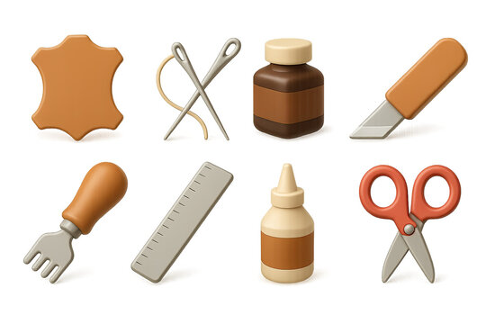 3D icon set of leatherworking tools: leather, stitching needles, leather dye, craft knife, hole punch, ruler, leather glue, scissors. 3d icon