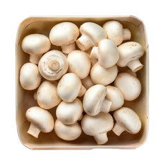 Fresh White Mushrooms in a Basket for Cooking and Culinary Use on transparent background