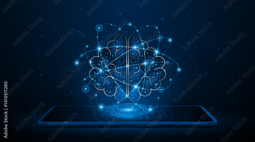 Poster Electronic neural network or artificial intelligence circuit board on tablet or smartphone. Digital brain science for future learning. Modern technology innovation concept background.
