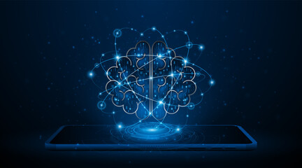 Electronic neural network or artificial intelligence circuit board on tablet or smartphone. Digital brain science for future learning. Modern technology innovation concept background.
