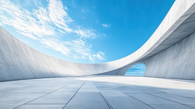Abstract concrete architectural structure under a clear blue sky.