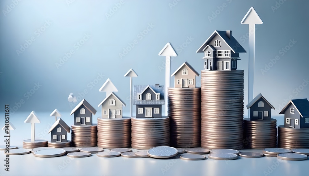 Poster house model on a stack of coins with a growing graph. real estate investment and saving concept. gen