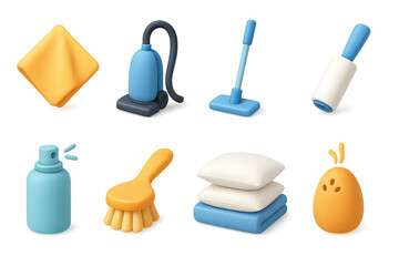 3D icon set of café staff tools: order pad, apron, pen, tray, uniform hat, cleaning cloth, payment terminal, reusable cup. 3d icon. icons set of 3d style in a modern design. Isolated