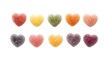Gummy heart-shaped candies coated in sugar on a white background
