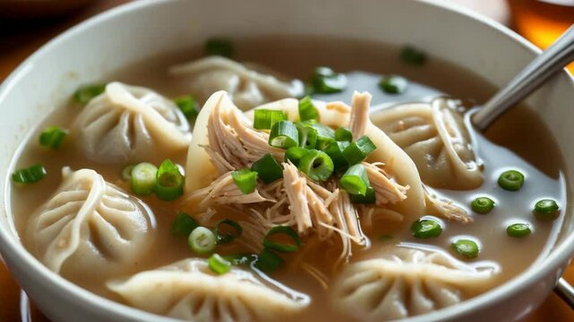 Pancit Molo, a traditional soup featuring dumplings, shredded chicken, and a flavorful broth, served warm at a restaurant--the epitome of comfort food.