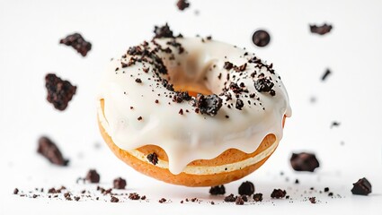 Fototapeta premium Delectable White Chocolate Donut with Cookie Crumbs, Falling in Mid-Air