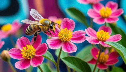 Bee pollinating pink flowers with yellow centers in a vibrant garden setting