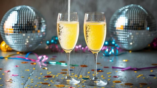 Two champagne flutes or sparkling wine on a gray concrete surface with confetti, sequins, and a disco ball.