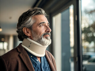 Mature man wearing neck brace recovering from injury