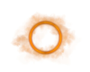 A vibrant orange smoke ring, beautifully surrounded by a hazy cloud effect against a transparent background