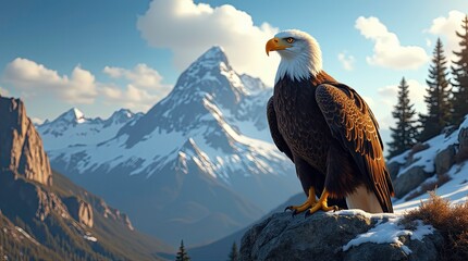 Fototapeta premium Majestic bald eagle perched atop a rocky summit overlooking a fjord and snow-capped mountains.