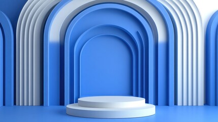 A minimalist, arch-shaped, light-blue and white display podium.