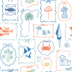 Tropical coquette beach summer pattern, Italy vacation mood, dolce vita design. Vector Mediterranean wallpaper, stamps, palm trees, sardines, lobster, bows frames. Cute geometric textile, background.
