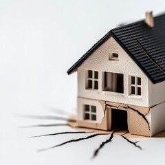 A miniature house model with cracks, symbolizing potential structural damage or foundation issues.