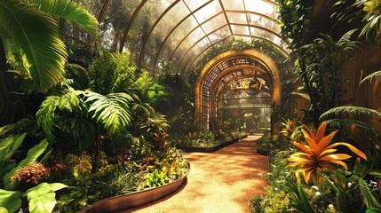 Lush tropical greenhouse walkway with ornate archway.