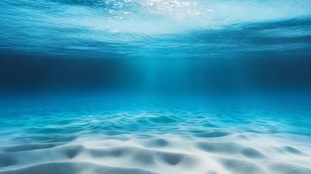 Beneath the surface, a water wave in a blue swimming pool with a broad panoramic view and sandy ocean floor, set against a white backdrop.