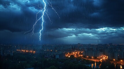 Lightning and thunderstorm flash with raining background. Bad weather and cloudy problem with aerial or satellite signal.