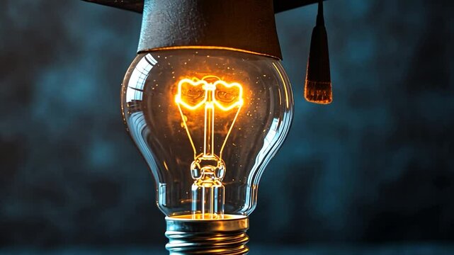 Graduation cap on a glowing lightbulb, dark background, symbolic of knowledge and education