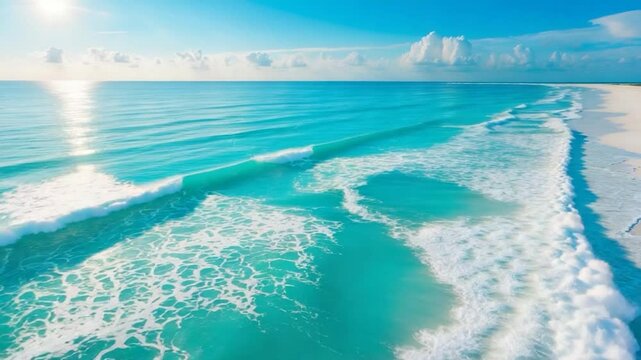 Aerial view of a summer beach showcasing beautiful waves and blue ocean water on a sunny day, highlighting a stunning tropical nature backdrop with crashing waves and a sandy beach theme.