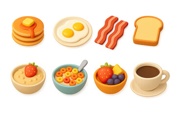 3D icon set of breakfast caf&eacute; foods: pancakes, waffle, scrambled eggs, bacon strip, toast with jam, breakfast sandwich, fruit bowl, hash browns. 3d icon. icons set of 3d style in a modern design.