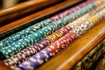 Colorful Tokens Arranged in a Slot Machine Payout Tray at a Gaming Establishment During Evening Hours