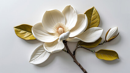Elegant Magnolia Flower With Bud And Golden Leaves On White Background