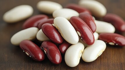 A close-up view of a pile of red and white kidney beans, showcasing their smooth textures and vibrant colors against a wooden background.