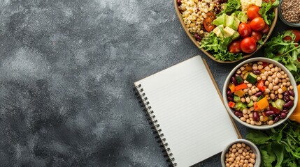A vibrant display of fresh salads, grains, and legumes, accompanied by a blank notepad, perfect for planning healthy meals or recipes.