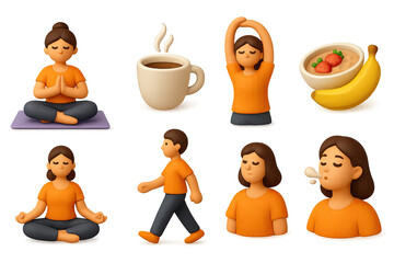 3D icon set of morning rituals: morning yoga, cup of coffee, stretching, healthy breakfast, meditation, walking, reading, deep breathing. 3d icon