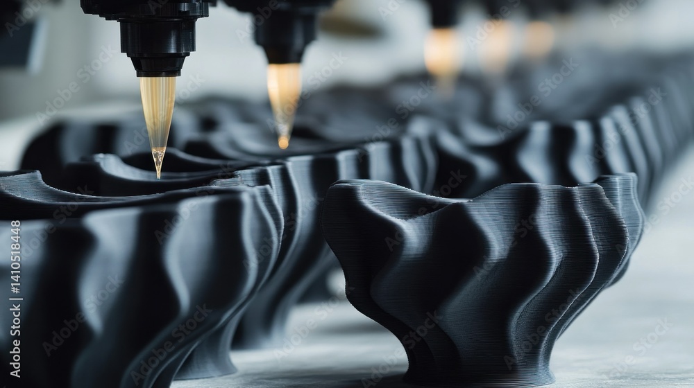 Poster a 3d printing machine manufacturing multiple black wavy objects