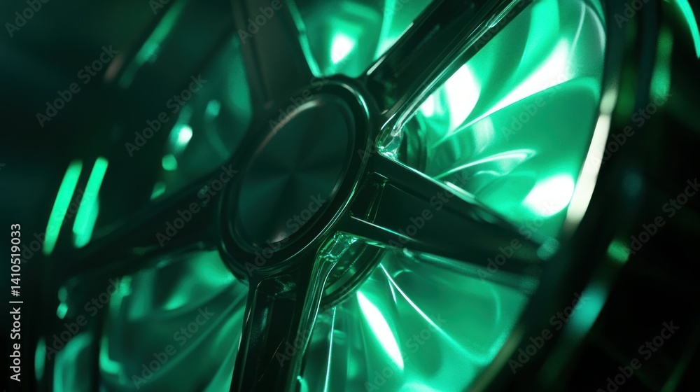 Poster an illuminated computer fan with blades in green color