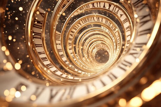 Stylized Time Spiral Featuring Roman Numerals With Shimmering Lights in a Deep, Endless Perspective