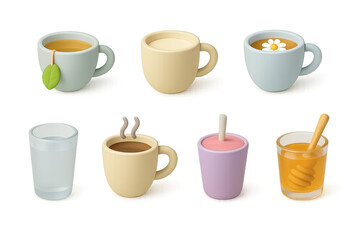 3D icon set of bedtime drinks: herbal tea, warm milk, chamomile tea, hot chocolate, water, decaf coffee, smoothie, honey drink. 3d icon
