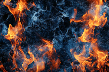 Fiery dance of contrasts, a mesmerizing spectacle of orange flames against a cool, dark blue backdrop