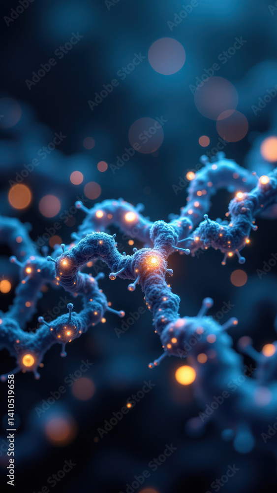 Poster a close-up image of glp1 molecules floating in a dark space with light effects.