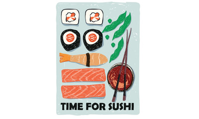 Sushi t shirt artwork. Sushi platter design. Food love club art. Sushi love club artwork for t shirt print, poster, sticker and other uses.