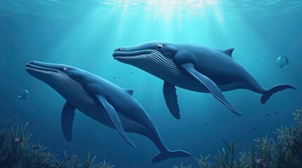 Obraz premium Illustration of family blue whale under water, ocean - Generative AI