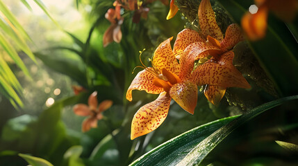 Tropical orange lilies in lush foliage.
