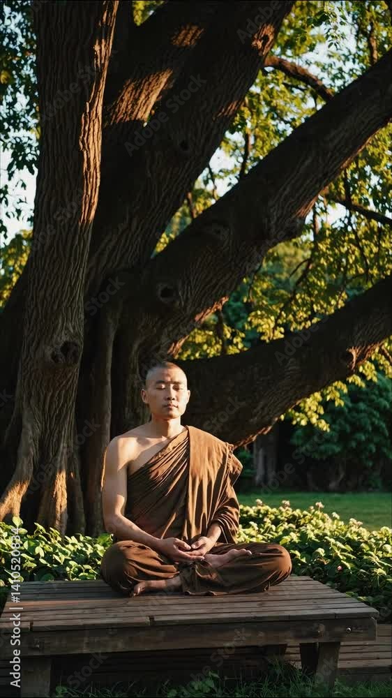 Poster a serene video scene of a monk meditating under a large tree, captured from a low angle, emphasizing