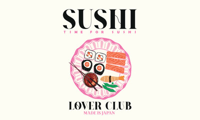 Sushi love club artwork for t shirt print, poster, sticker and other uses. Sushi t shirt artwork. sushi platter design. Food love club art.