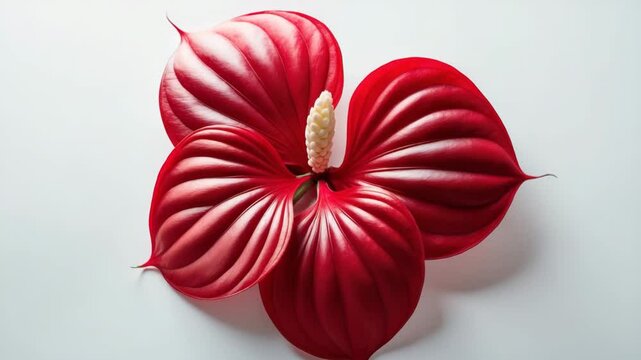 Bright red flower apex, heart-formed blossom positioned on a white background, photographed from directly above.