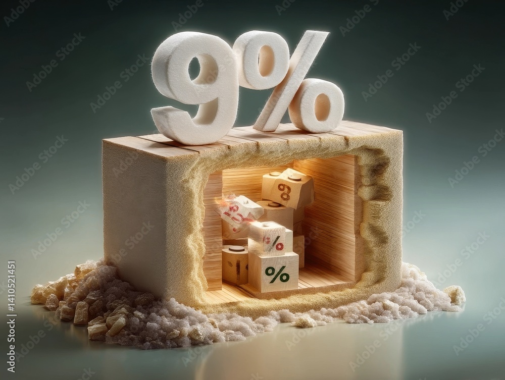 Poster Three Dimensional Render of Textured Cube with Percentage Symbols