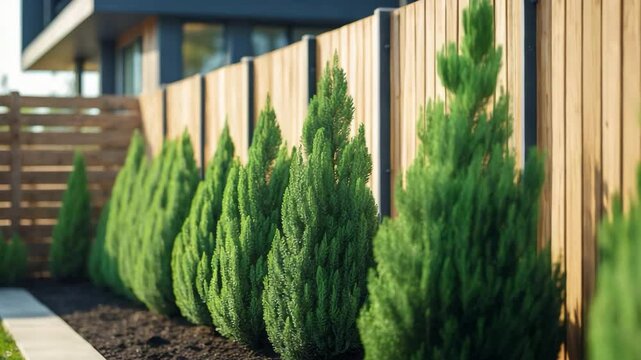Newly planted junipers next to the fence.
