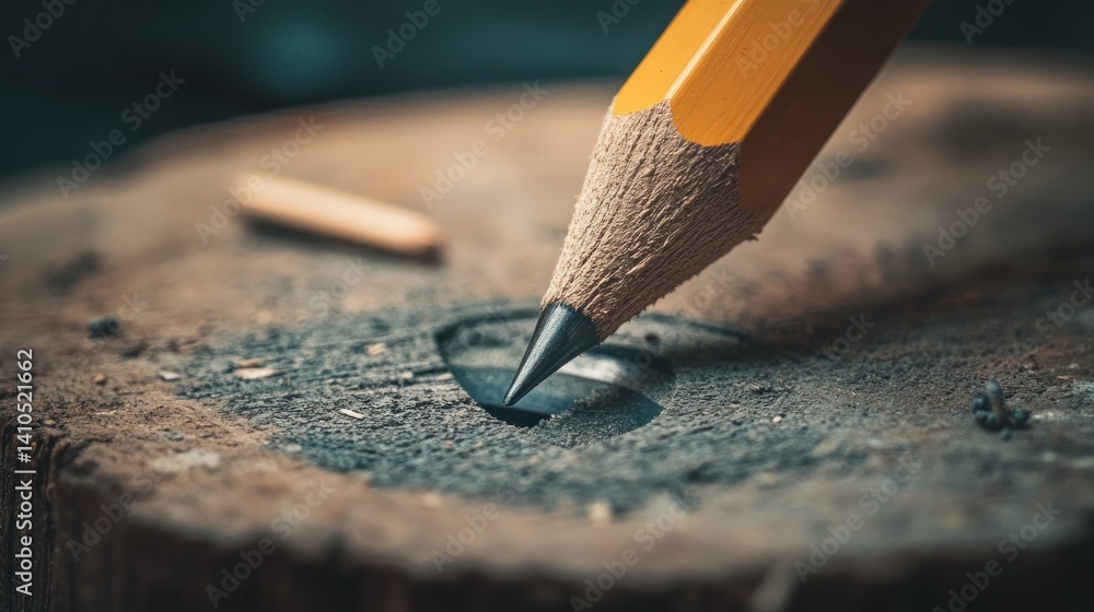 Poster a sharpened pencil creating a small mark on a wooden surface